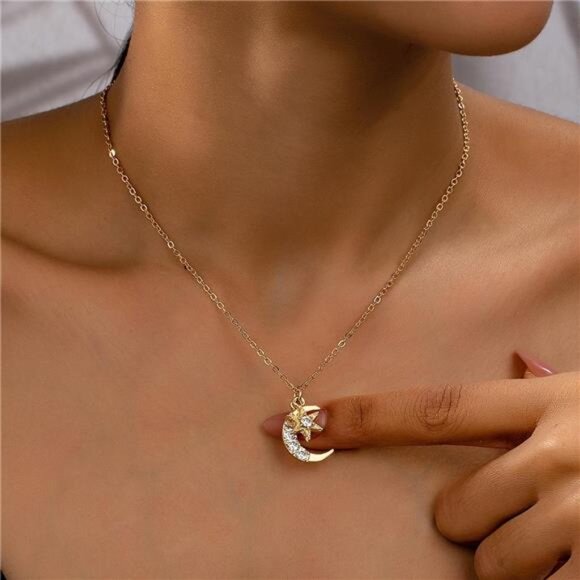 18K Gold-Plated Rhinestone Star & Moon Necklace - Picture 1 of 5